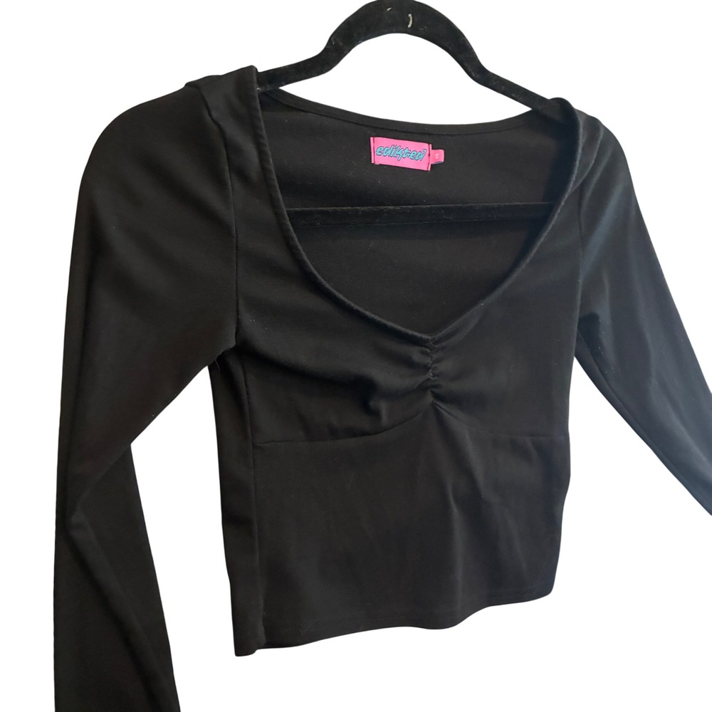 Y2K Edikted Ruched Sweetheart Long Sleeve Crop Top Womens‎ XS Black whimsigoth